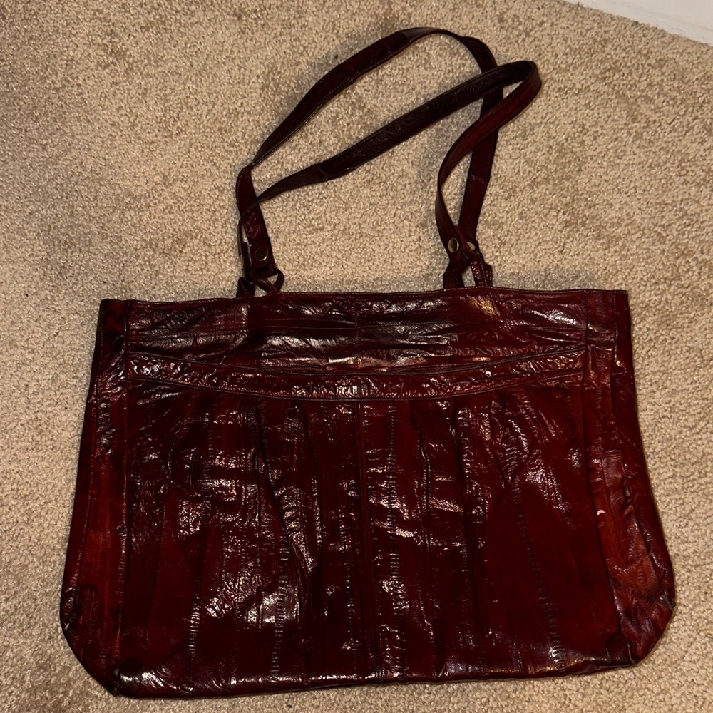 Vintage Burgundy Genuine Eel Skin Leather Tote Bag